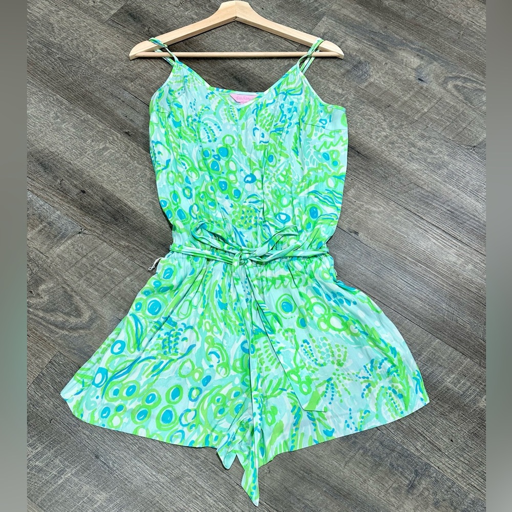 Lilly Pulitzer. Silk romper, bow, cinch waisted, spaghetti strap, size Medium